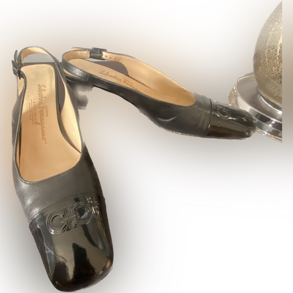 Salvatore-Ferragamo Black Leather Cap Toe Block Heel sling back shoes 38